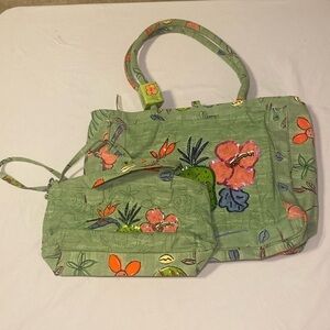 Sunny Thoughts Sally Huss Green 2-Piece Tote Beach Bags EUC